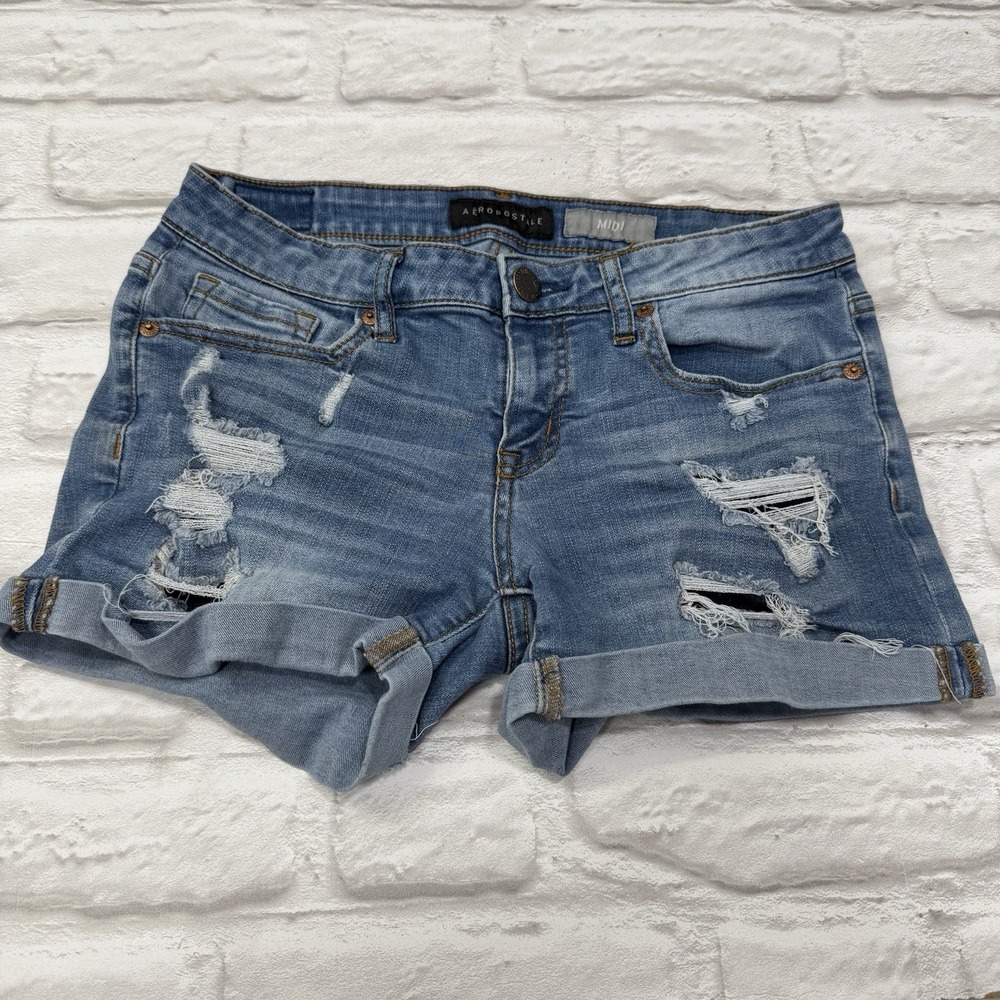 Y2K Aeropostale Jean Short Shorts 4 Blue Denim Distressed Stretch Midi Cuffed